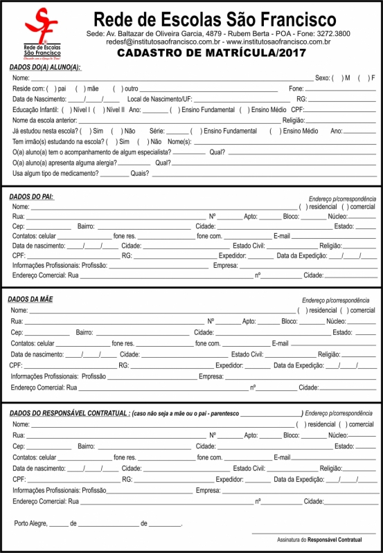 Ficha de Pré Matrícula Vila Formosa - Ficha de Pré Matrícula